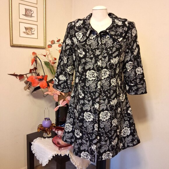 NEW Women’s Elegant Pea Coat Black White Floral Lined Trench Coat ¾ Sleeve 18 XL - Picture 3 of 9